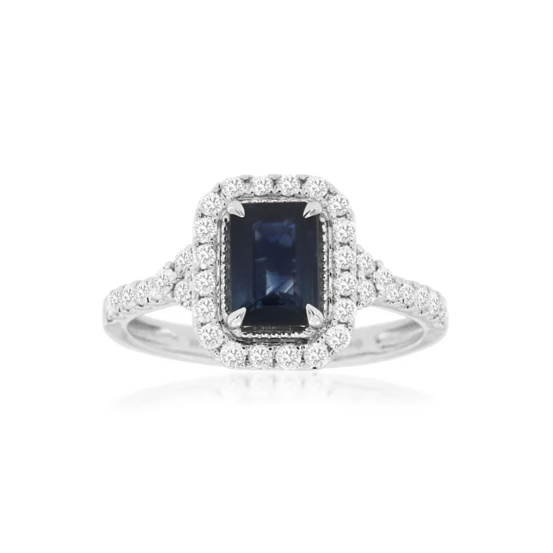 Women's spiritual rings-14 Karat White Gold Emerald Cut Sapphire and Diamond Halo Ring