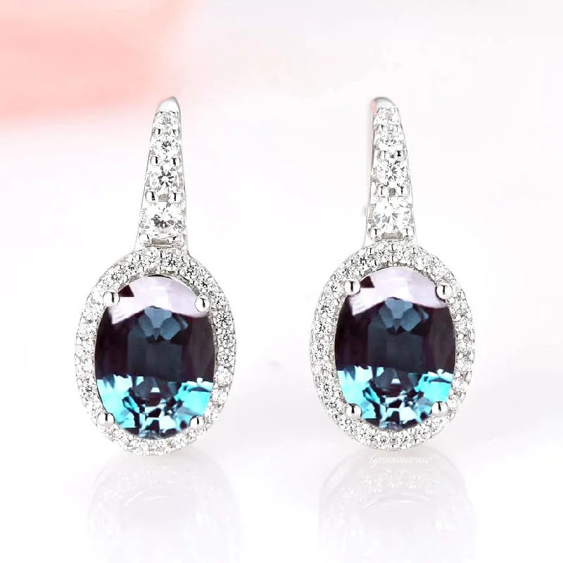 Women's personalized earrings-Oval Halo Alexandrite Earrings- Sterling Silver