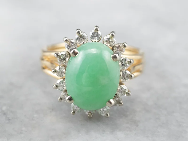 Women's art deco rings-Vintage Jade and Diamond Halo Ring