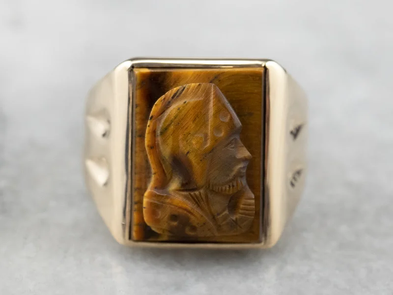 Women's vintage-inspired rings-Men's Tiger's Eye Cameo Statement Ring