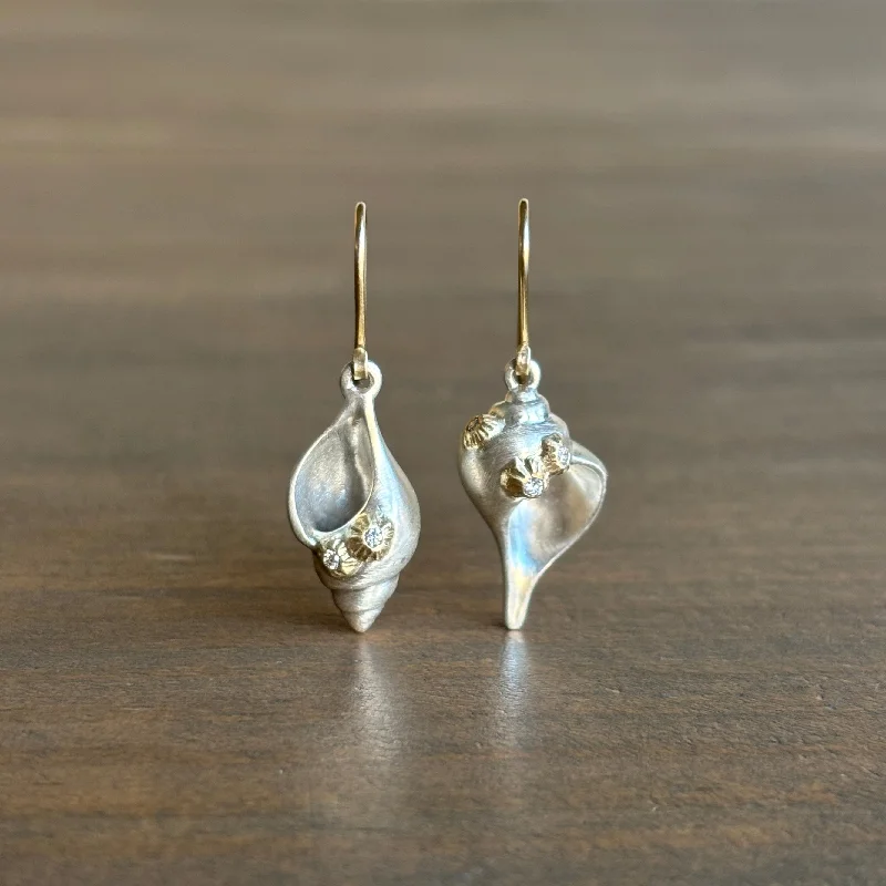 Women's Mother's Day earrings-Sea Shell Duet Ruthie B. Earrings with Barnacles & Diamonds