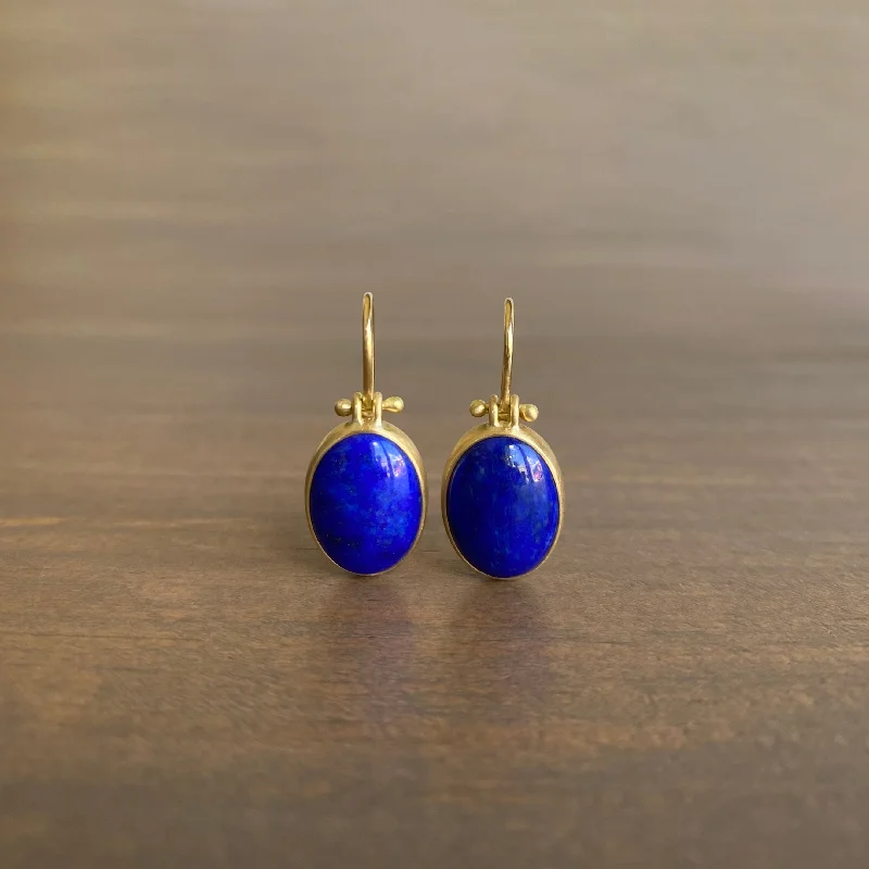 Women's platinum earrings-Oval Lapis Lazuli Drop Earrings