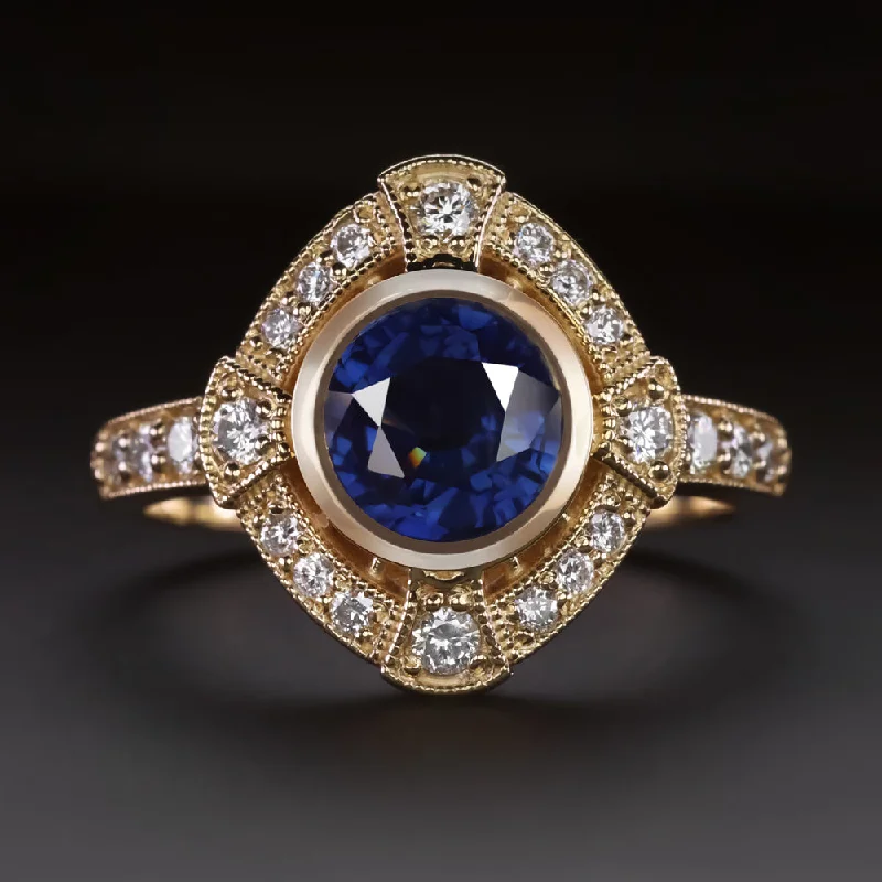 Women's party rings-SAPPHIRE DIAMOND COCKTAIL RING VINTAGE STYLE HALO ART DECO 14k YELLOW GOLD ROUND