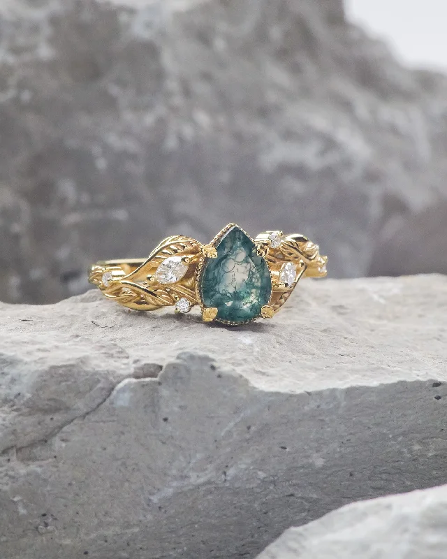 Modern women's rings-READY TO SHIP: Patricia ring in 14K or 18K yellow gold, natural moss agate pear cut 8x6 mm, accent lab grown diamonds, AVAILABLE RING SIZES: 5.5 - 9.5 US