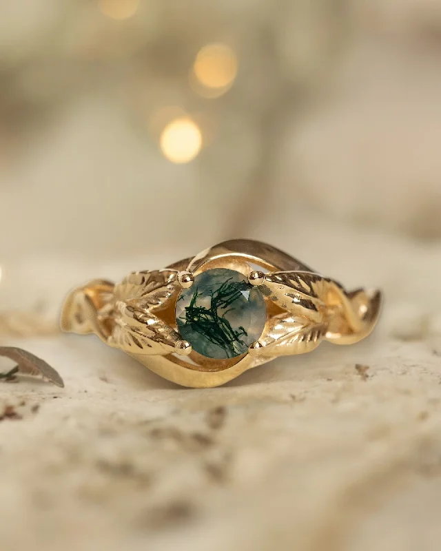 Women's wedding rings-READY TO SHIP: Azalea ring in 14K yellow gold, natural moss agate round cut 5 mm, AVAILABLE RING SIZES: 3.5 - 9.5 US