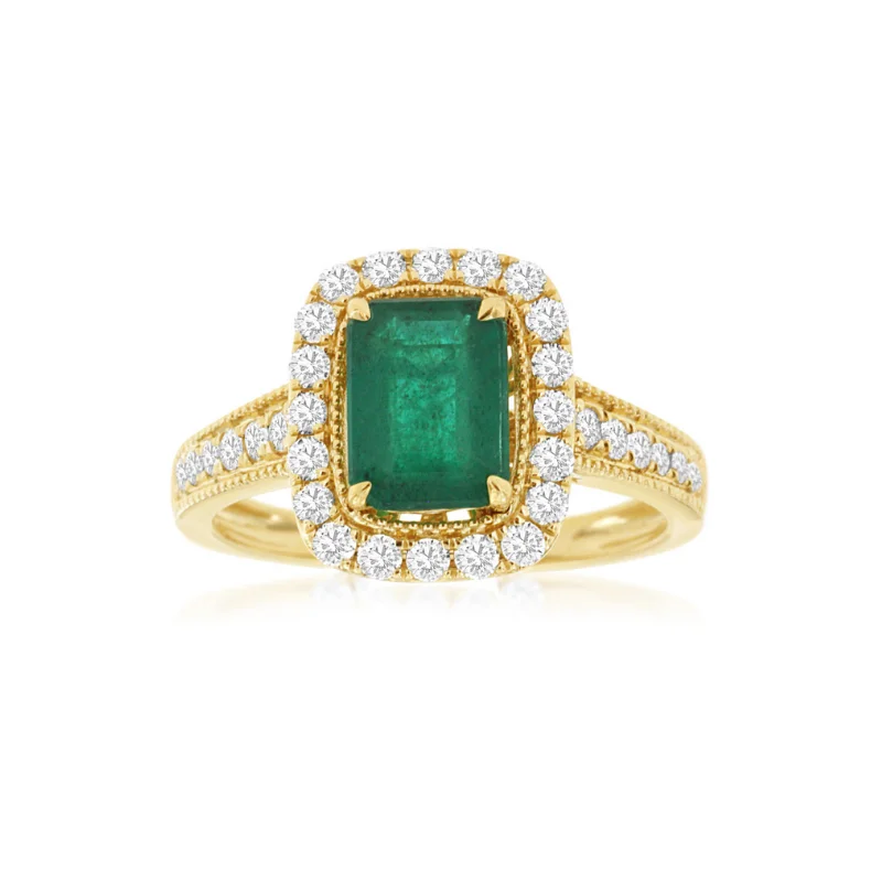 Women's custom engraving rings-14 Karat Yellow Gold Emerald Cut Emerald and Diamond Halo Ring