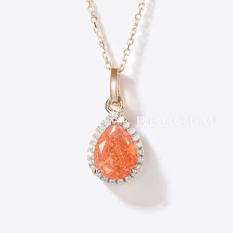 Women's alloy necklaces-Pear Shaped Sunstone Necklace 14k Gold Diamond Halo Wedding Pendant