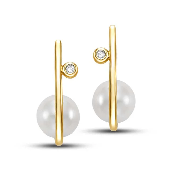 Women's vintage-inspired earrings-Mastoloni 8-8.5mm Freshwater Cultured Pearl J-Hoop Earring with Diamond Accent in 14K Yellow Gold