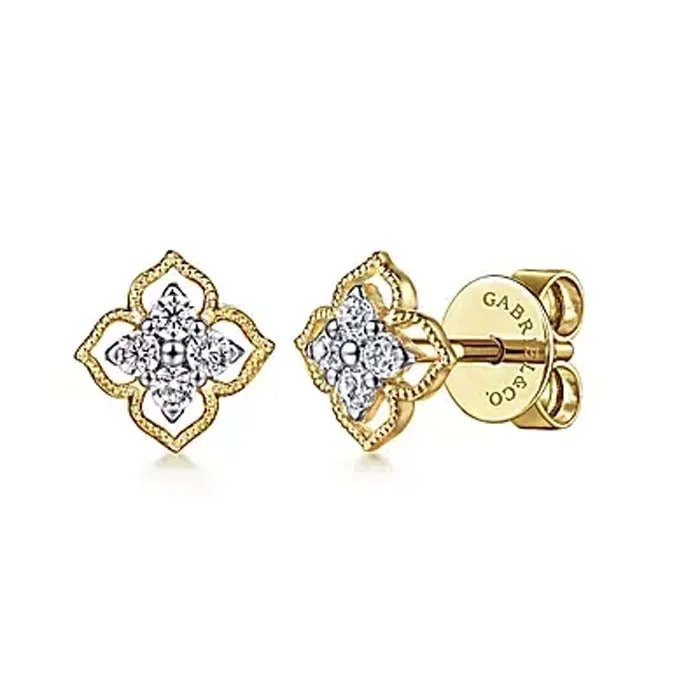 Women's pearl earrings-Gabriel & Co. Floral Diamond Stud Earrings in 14K Yellow Gold