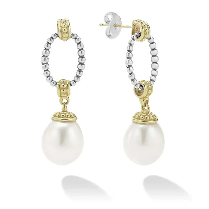 Women's luxury gift earrings-LAGOS Two Tone Pearl Oval Drop Earrings in Sterling Silver and 18K Yellow Gold