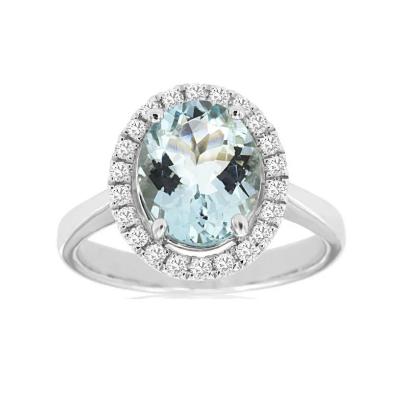 Women's symbolic rings-14 Karat White Gold 2 1/4 Carat Aquamarine and Diamond Halo Ring