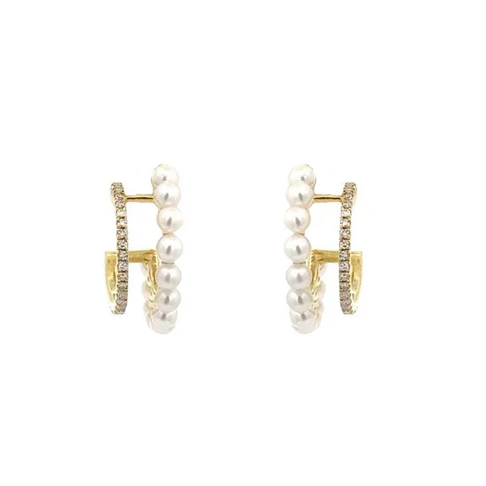 Women's holiday earrings-Mountz Collection Pearl and Diamond Huggie Earrings in 14K Yellow Gold