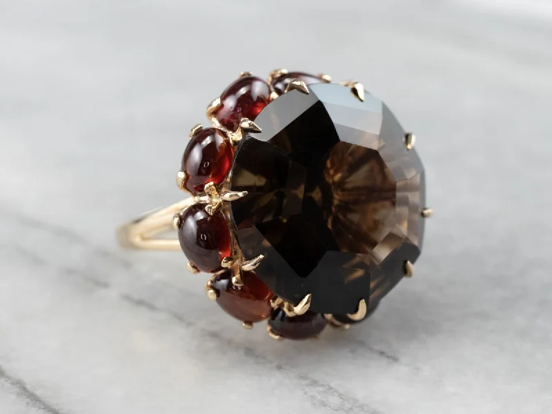 Women's platinum rings-Smoky Quartz Garnet Halo Gold Cocktail Ring