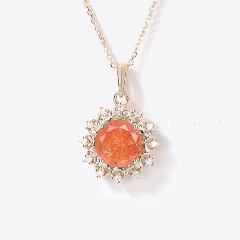 Women's gold-plated necklaces-Solid Gold Round Sunstone Necklace Celestial Moon Halo Diamond Pendant