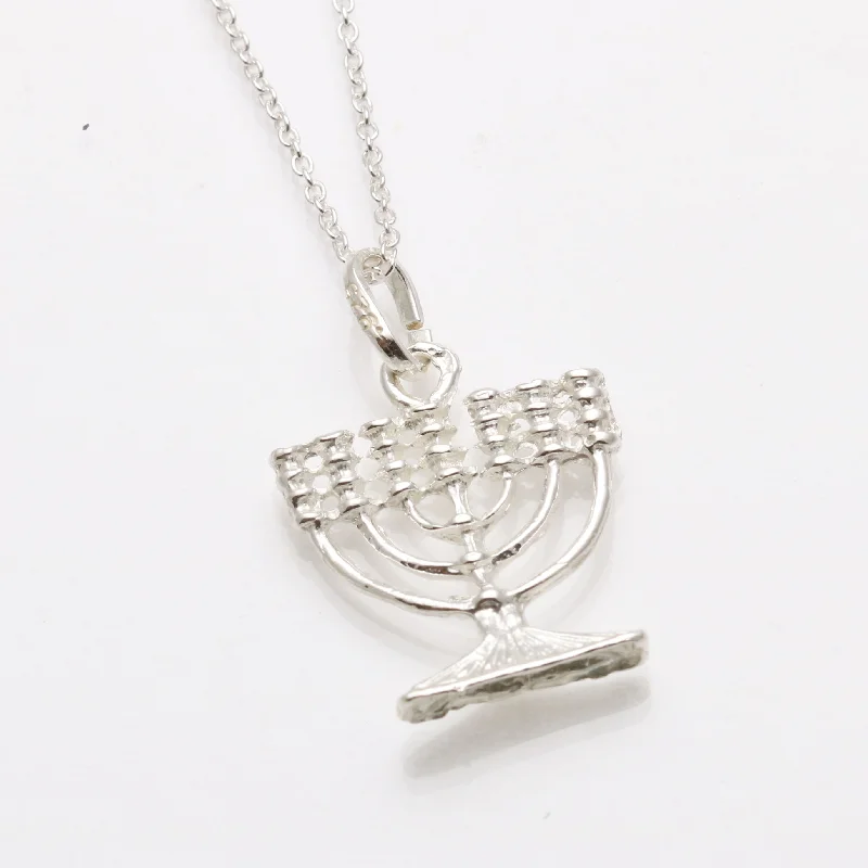 Women's family necklaces-Sterling Silver Menorah Diamond Cut Necklace