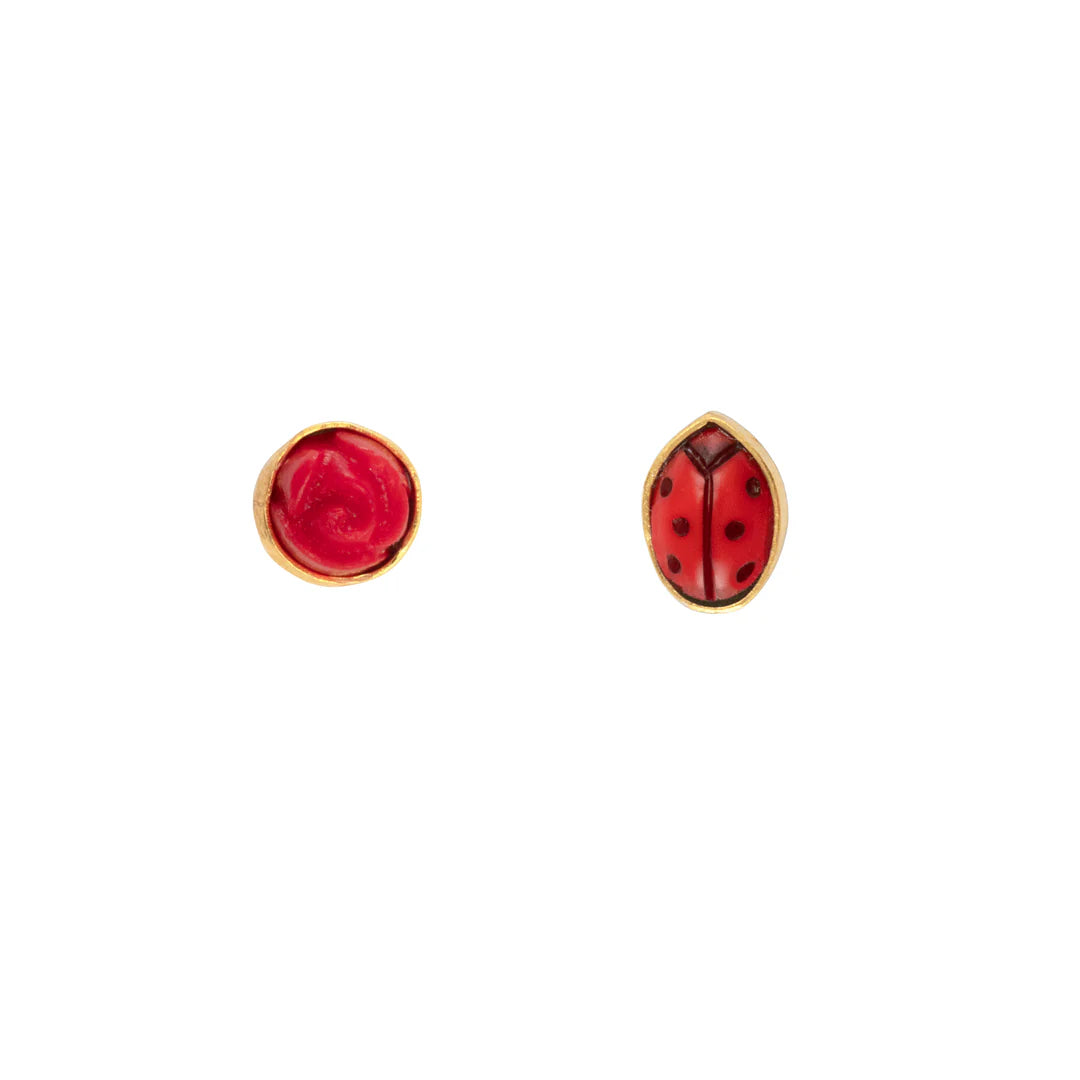 Women's exclusive earrings-Mismatched Stud Earrings: Flower Ladybug