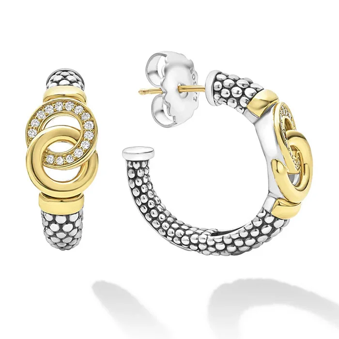 Women's personalized earrings-LAGOS Signature Caviar Two-Tone Interlocking Diamond Hoop Earrings in Sterling Silver and 18K Yellow Gold