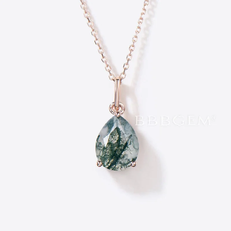 Women's seasonal necklaces-Pear Shaped Moss Agate Necklace Teardrop Green Agate Pendant