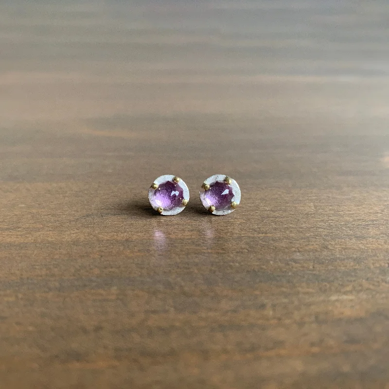 Women's ethical earrings-Carved Prong Set Amethyst Studs