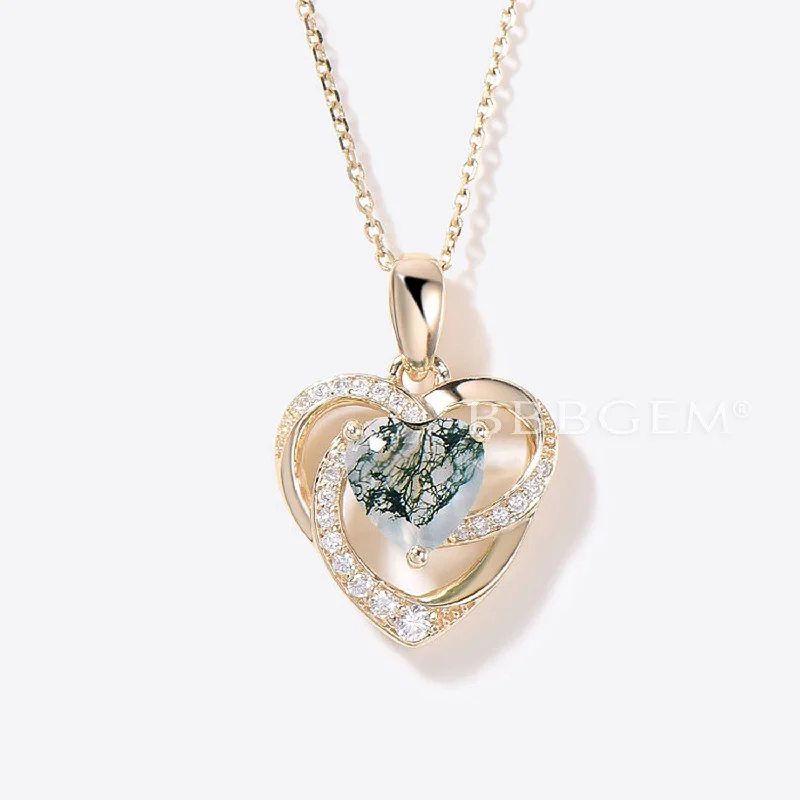 Women's name necklaces-Heart Shaped Moss Agate Necklace Floral Norse Viking Diamond Pendant