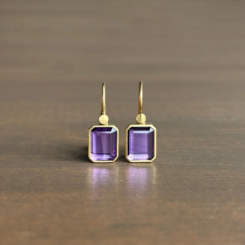 Women's gold-plated earrings-Small Amethyst Portrait Cut Earrings