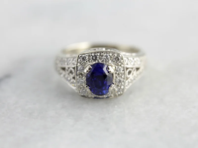 Women's beaded rings-Modern Sapphire and Diamond Halo Anniversary Ring, Contemporary Yet Timeless