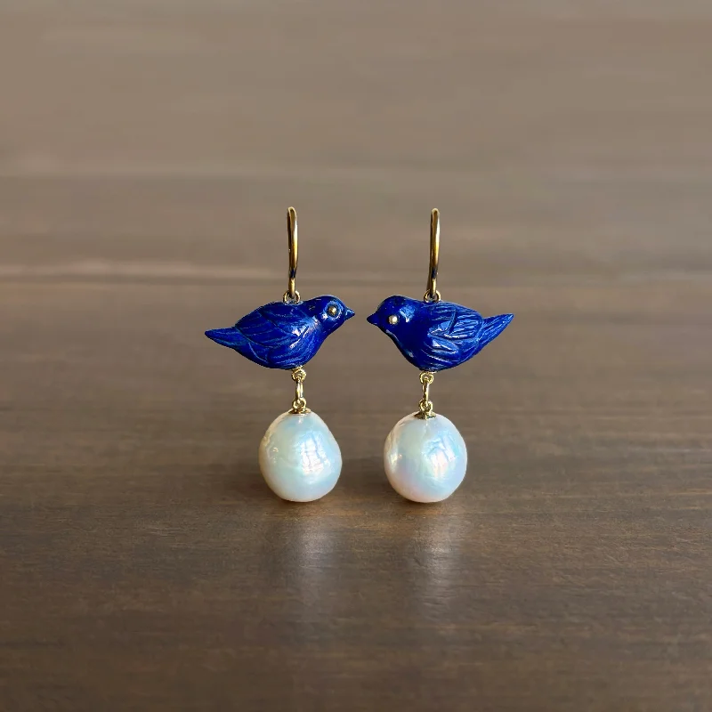 Women's limited edition earrings-Hand Carved Lapis and Pearl Sparrow Earrings