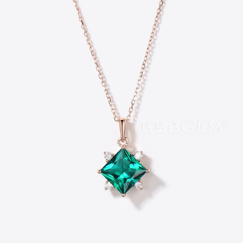 Women's crystal necklaces-3ct Princess Cut Emerald Necklace Gold Moissanite Five Stone Pendant