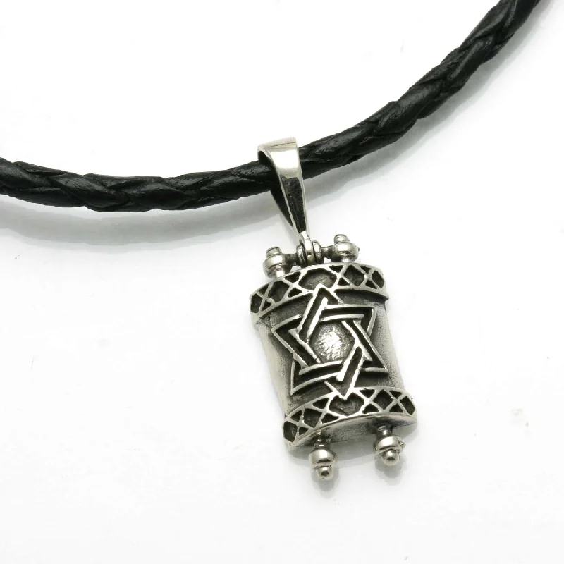 Women's healing crystal necklaces-Sterling Silver Torah Star of David Black Leather Necklace