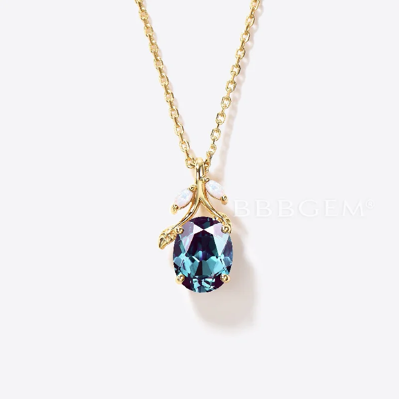 Women's rose gold necklaces-Leaf Vine Oval Shaped Color-Change Alexandrite Opal Necklace Nature Inspired Pendant