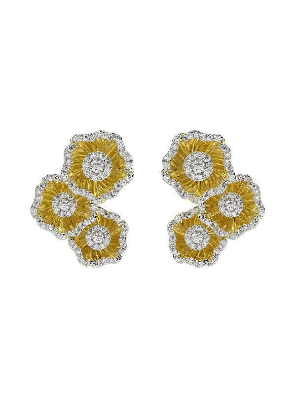 Designer women's earrings-Halo Flower Yellow Gold Earrings