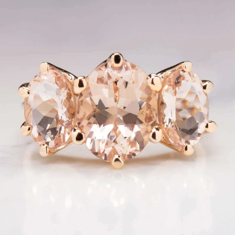 Women's sustainable rings-4.5ct MORGANITE 3 STONE RING OVAL CUT SHAPE PINK PEACH 14K ROSE GOLD RIGHT HAND