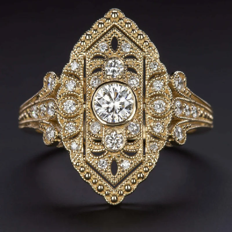 Women's bridal rings-0.59ct DIAMOND NAVETTE RING VINTAGE STYLE ART DECO COCKTAIL YELLOW GOLD NATURAL