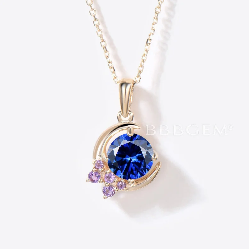 Women's pet memorial necklaces-Moon Design 5mm Round Blue Sapphire Pendant Cluster Amethyst Necklace