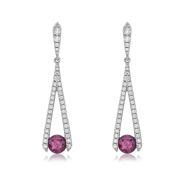 Women's photo earrings-Charles Krypell Rhodolite Garnet and Diamond Drop Earrings in 18K White Gold