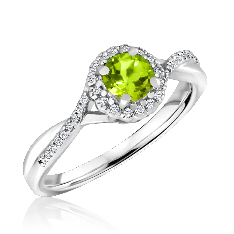 Women's heirloom rings-Peridot and Diamond Halo August Birthstone Ring in Sterling Silver