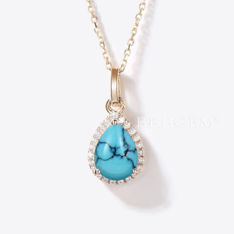 Women's platinum necklaces-Teardrop Natural Turquoise Necklace 14K Gold Halo Diamond Pendant