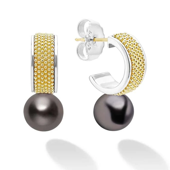 Women's fashion earrings-LAGOS Two-Tone Tahitian Pearl Hoop Earrings in Sterling Silver and 18K Yellow Gold