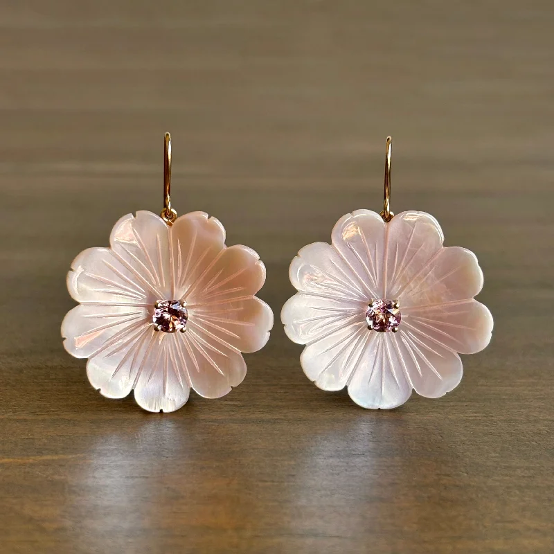 Women's spiritual earrings-Large Mother of Pearl Flower Earrings with Light Tourmalines