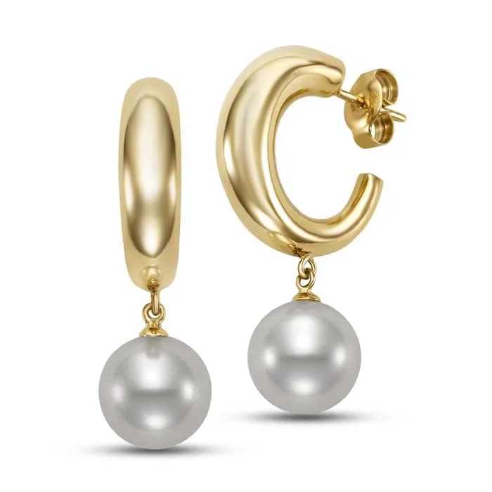 Modern women's earrings-Mastoloni 10-10.5mm Pearl Tapered Crescent Hoop Earrings in 14K Yellow Gold