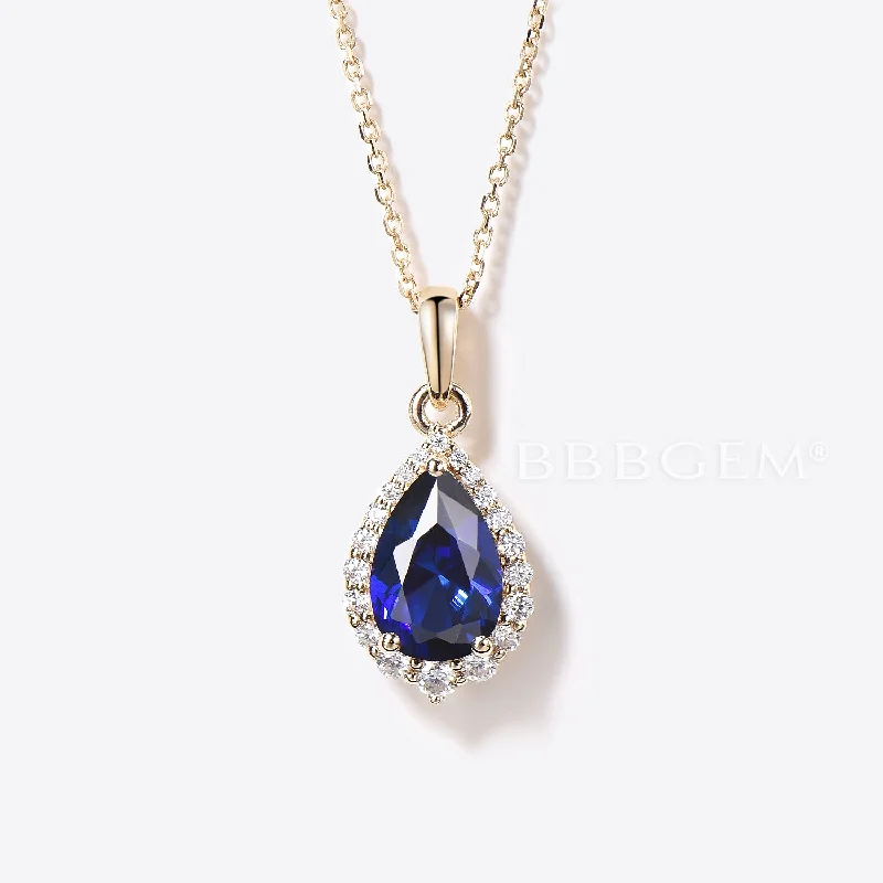 Women's family necklaces-Pear Shaped Blue Sapphire Necklace 14k Gold Halo Diamond Charm Pendant