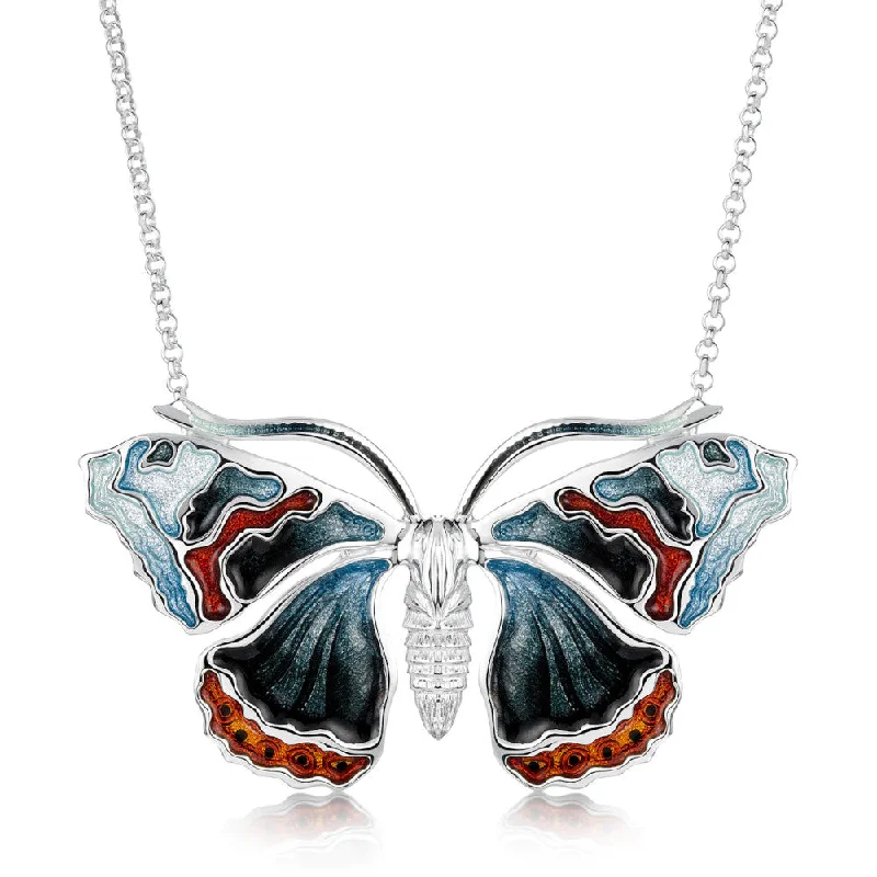 Women's stainless steel necklaces-Red Admiral Butterfly Sterling Silver Necklace With Enamel - ENXX285-RADM