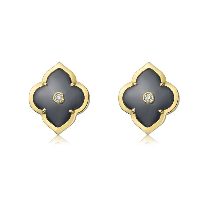 Women's zodiac earrings-Charles Krypell Hematite and Diamond Petite Les Fleurs Earrings in 18K Yellow Gold