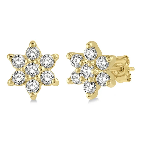 Women's personalized rings-1/6 ctw Floral Round Cut Diamond Petite Fashion Earring in 10K Yellow Gold