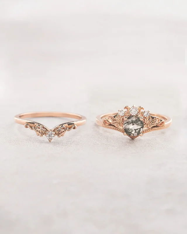 Women's Christmas rings-READY TO SHIP: Ariadne bridal ring set in 14K rose gold, natural moss agate 5 mm, accents moissanites, AVAILABLE RING SIZES: 4 - 7 US