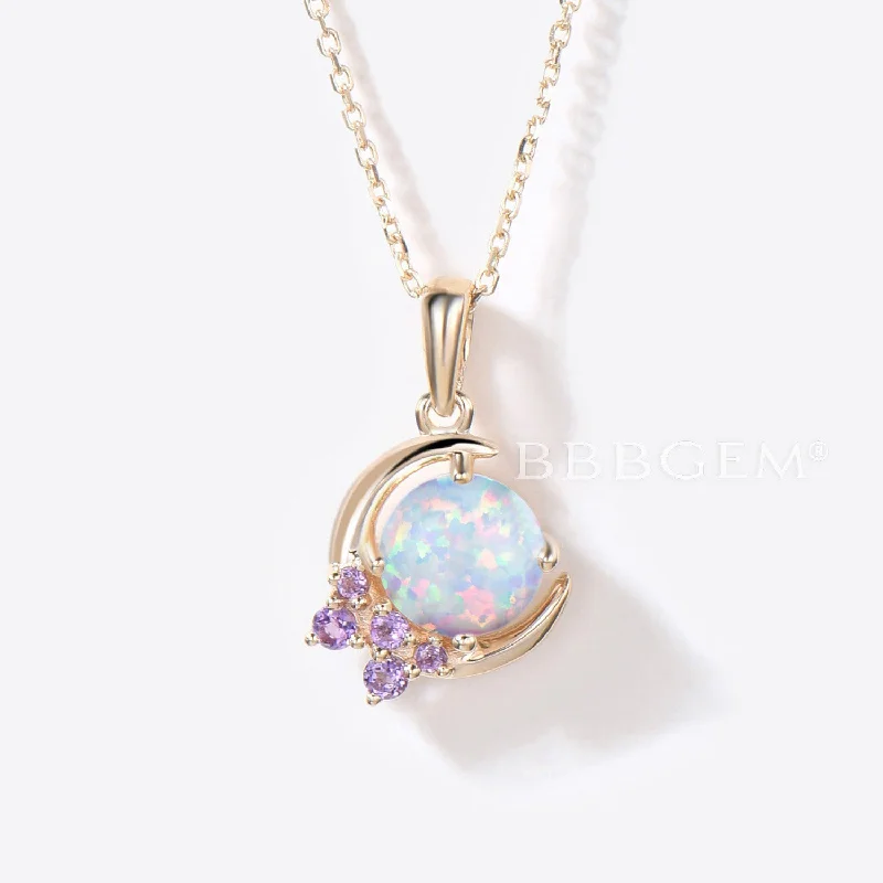 Women's gift necklaces-5mm Round White Opal Pendant Necklace Cluster Amethyst Pendant Vintage October Birthstone Wedding Necklace Half Moon Opal Chain Necklace