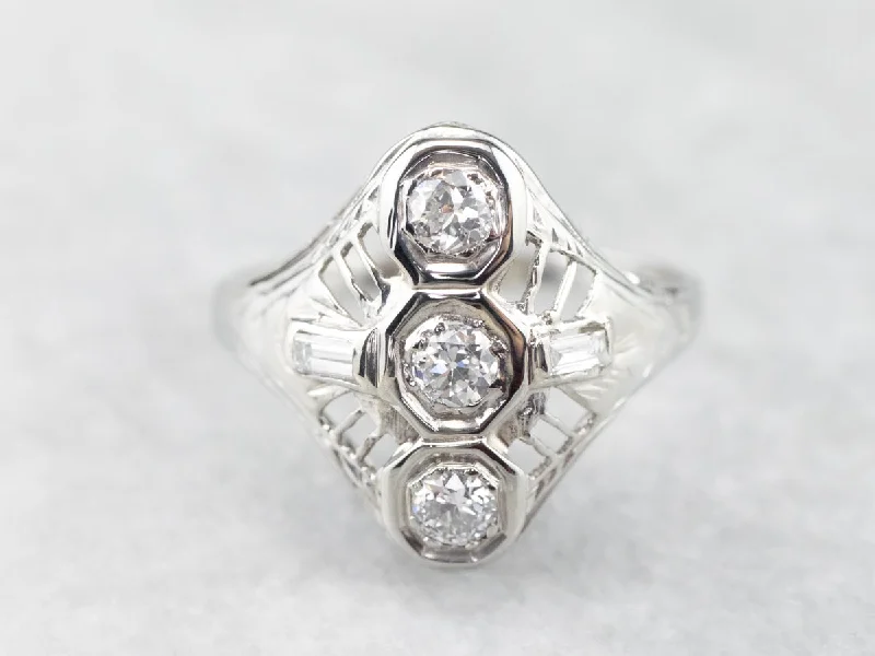 Women's astrology rings-Art Deco Diamond White Gold Dinner Ring