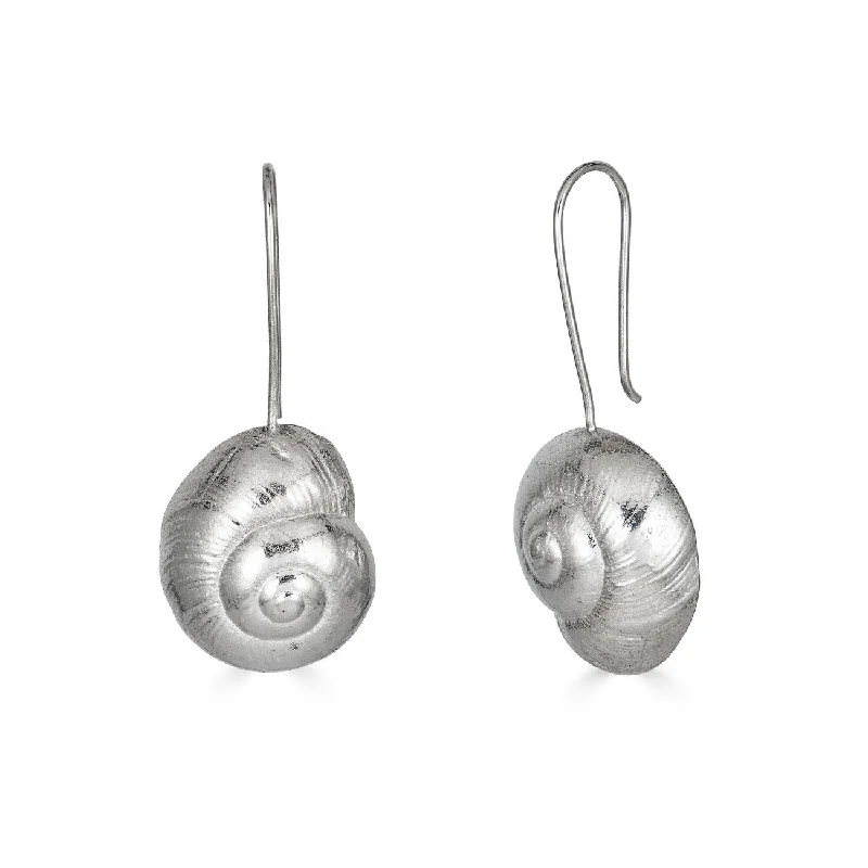 Women's threader earrings-Moon Snail Earrings, Silver