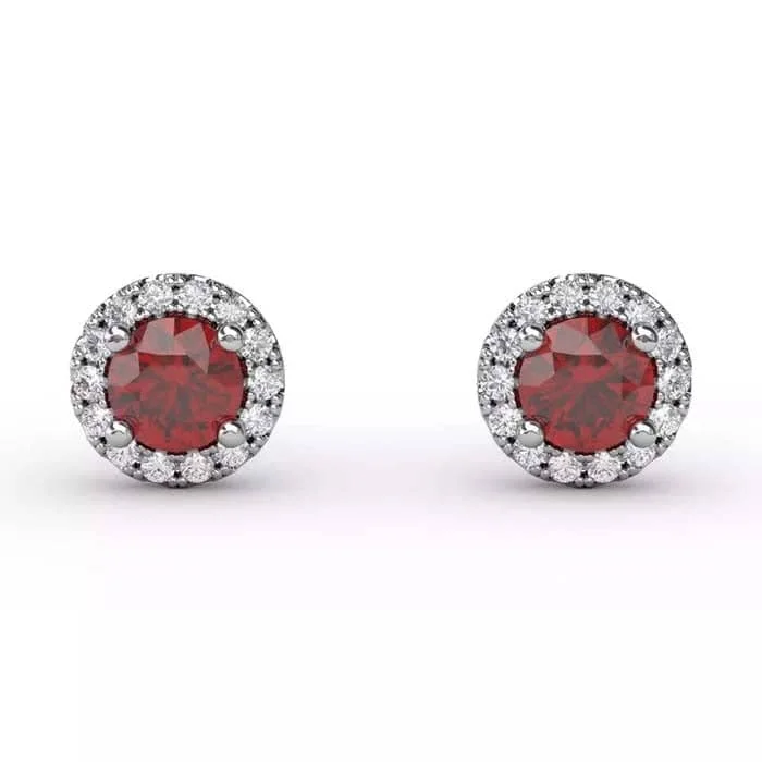 Women's ruby earrings-Fana Ruby and Diamond Halo Stud Earrings in 14K White Gold