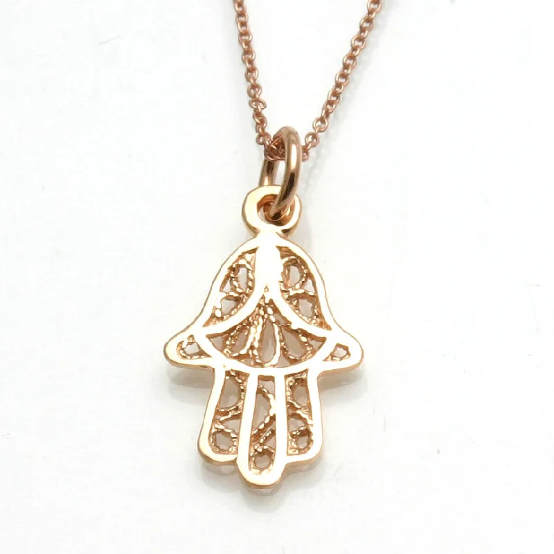 Women's bohemian necklaces-14k Rose Gold Filigree Small Hamsa Pendant Hand Necklace